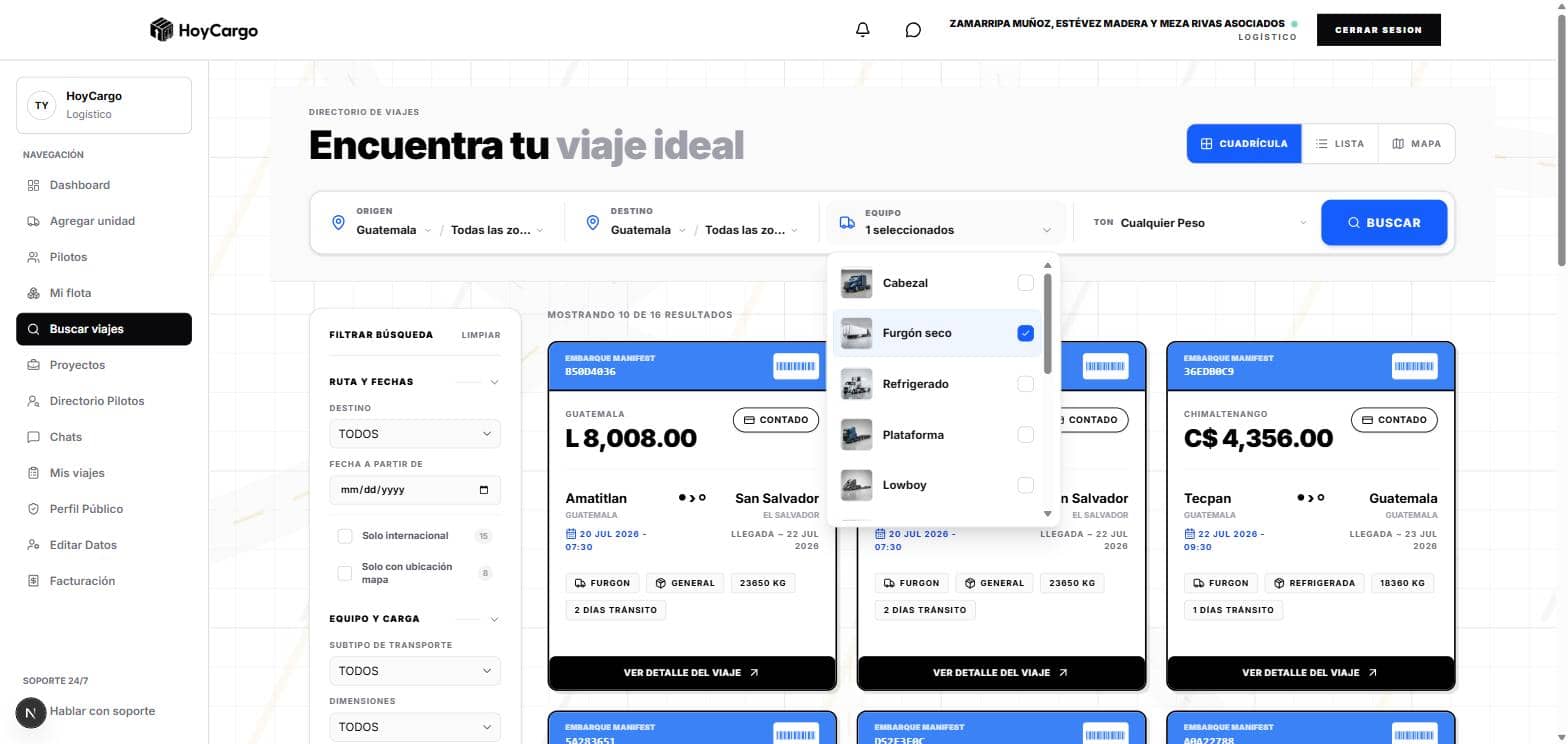 Marketplace de HoyCargo con búsqueda por origen, destino y tipo de unidad, listado de viajes con precio y forma de pago
